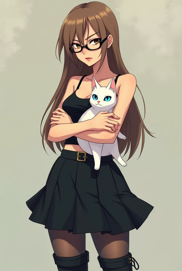 Woman of medium build, with long light brown hair, Brown eyes, black frame glasses, thick lips and an eyebrow piercing, with black skirt, black stockings and black knee-high boots, Black tank top, carrying a white cat with blue eyes, Hayao Miyazaki animation type