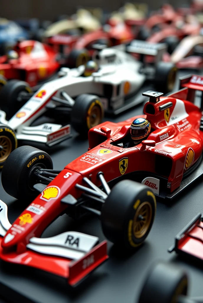A collection of 1:18 scale car models/18 Formula 1 with many details and from many different eras