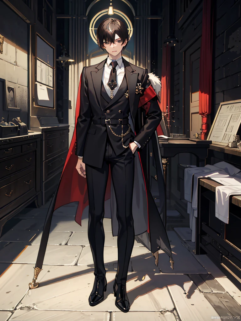 Masterpiece, Best Quality, hiquality, 1boy, solo, male focus, looking a viewer, black hair, black eyes, closed mouth, shade, 1 adult male, character sheet, concept art, full body, (masterpiece:1.2), (best quality:1.3), standing, human, black short hair, black tuttleneck, lab coat, high boots, black jeans, PM pistol, fingered gloves, brown eyes