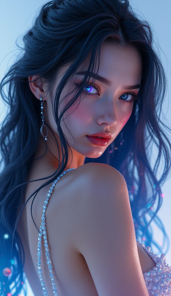 by mooncryptowow shine One very beautiful woman looking back at you, dressed like a fashion model, crazy long hair, shiny hair, expressive hair, crystal hair, gradient eyes, artistic, conceptual art, glitter effect , Glow, UHD, Retina, Masterpiece, Accurate, Anatomically Correct, Super Detailed, High Detail, Fine Skin