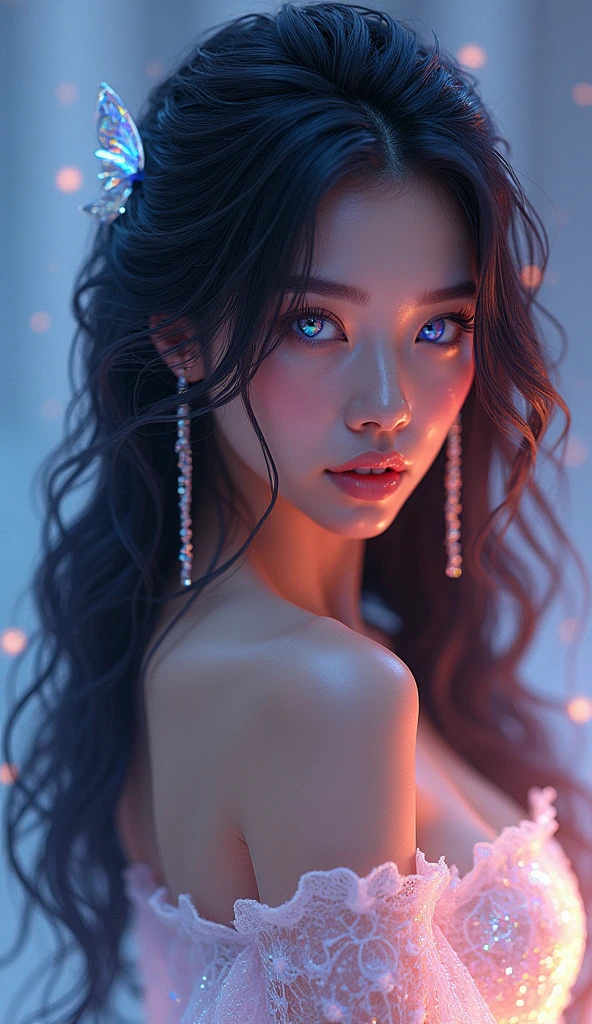 by mooncryptowow shine One very beautiful woman looking back at you, dressed like a fashion model, crazy long hair, shiny hair, expressive hair, crystal hair, gradient eyes, artistic, conceptual art, glitter effect , Glow, UHD, Retina, Masterpiece, Accurate, Anatomically Correct, Super Detailed, High Detail, Fine Skin