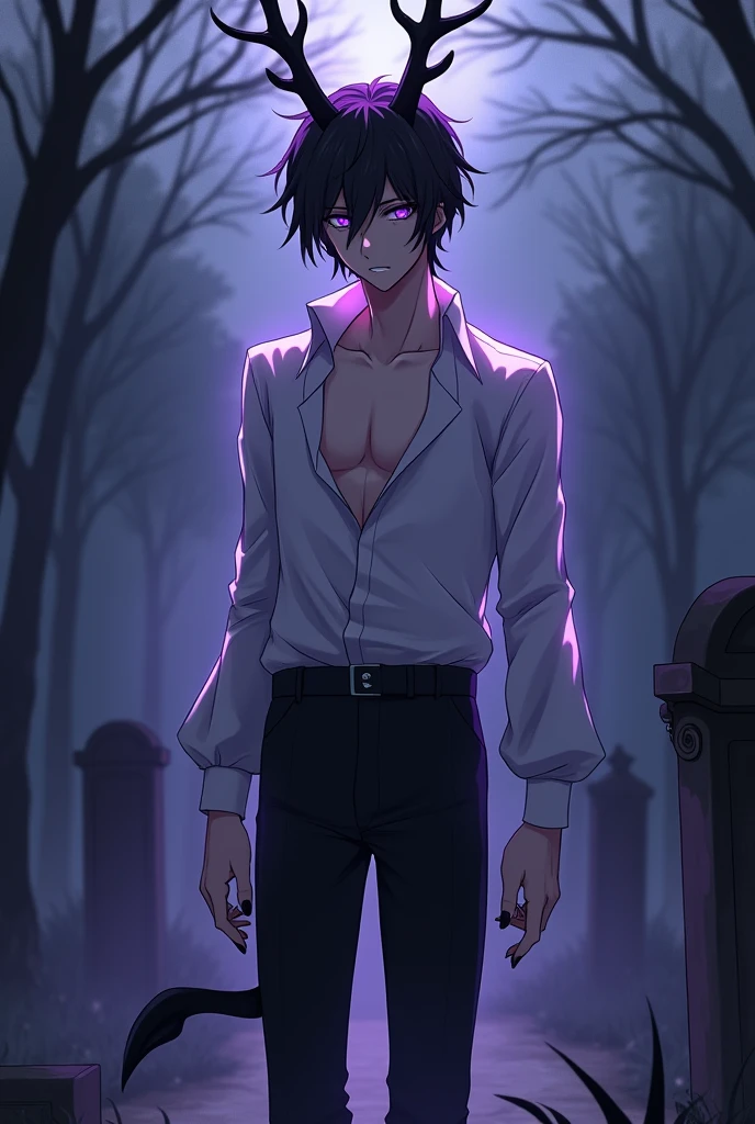 Anime serious man in his 25. He is skinny, tall, has black messy hair, glowy purple eyes, very pale skin. He also has black elk horns and a elk tail too. He is wearing a white victorian blouse with four buttons unmade, black pants. His nails are painted black. 

He is standing in a gothic cemetery at midnight and he has a subtle purple aura surrounding him 