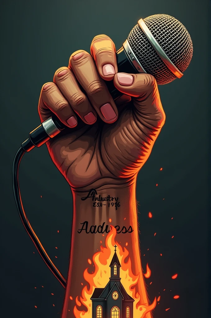 Do a hip-hop song cover art titled "INDUSTRY ADDRESS." On it there should be a muscular African hand tatted with a clearly written tattoo "Lib Dax EST 1996," holding a microphone. At the ending of the microphone rope, there should be a burning church (indicating a persona named church being address artistically).
