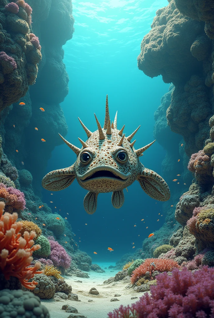 Stonefish camouflaged against the backdrop of rocks and coral on the seabed, with several thorns sticking out of his body.