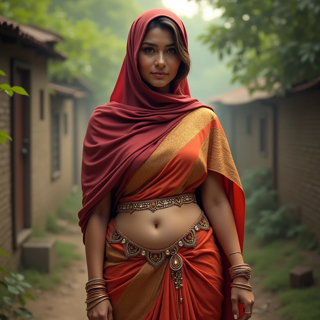 Hot y beautiful Busaditional Indian Hijabi Muslim Milf covg her head with Hijab wearing Saree and a waist chain around her belly. Navel visible. Real world based pic