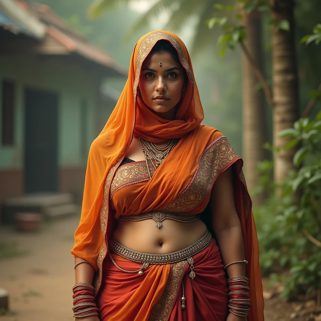 Hot y beautiful Busaditional Indian Hijabi Muslim Milf covg her head with Hijab wearing Saree and a waist chain around her belly. Navel visible. Real world based pic