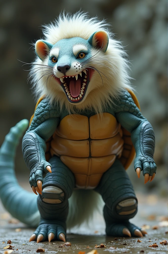 Create a ferret with a lion's mane, shark's mouth and turtle's legs