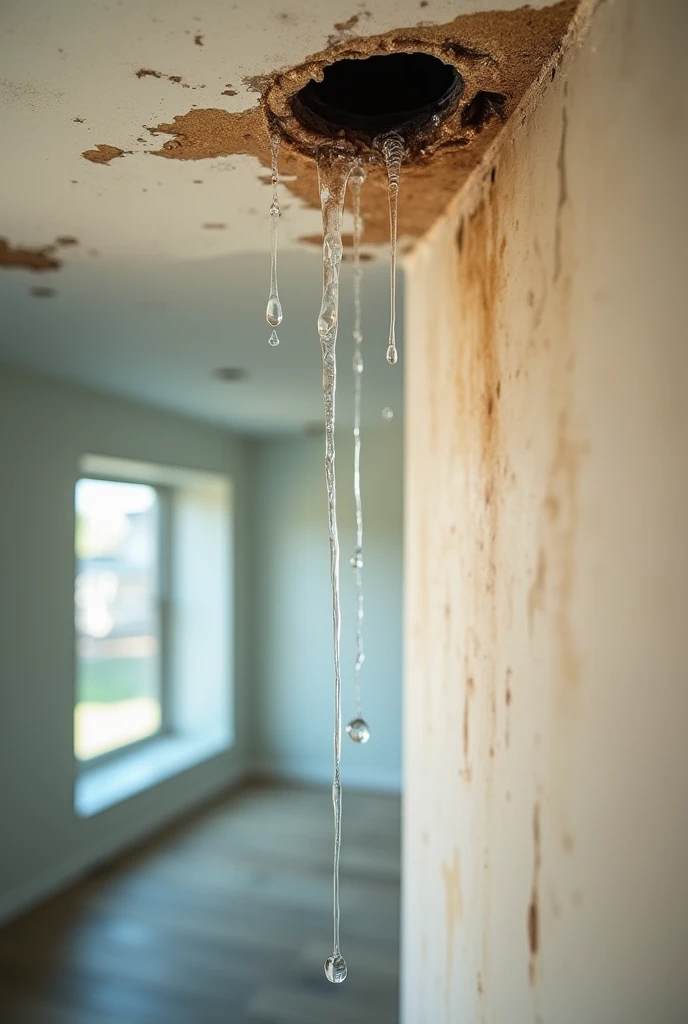 Create an Instagram post image showing water leaks inside a house. The image should depict visible water drips or stains on the ceiling or walls, with emphasis on the areas affected by the leaks. Include details such as water droplets or discolored patches to highlight the problem. The scene should be clear and convey the urgency of addressing leaks, making it visually impactful and relevant for social media. Consider adding a subtle overlay or text to suggest solutions or contact information for professional repair services