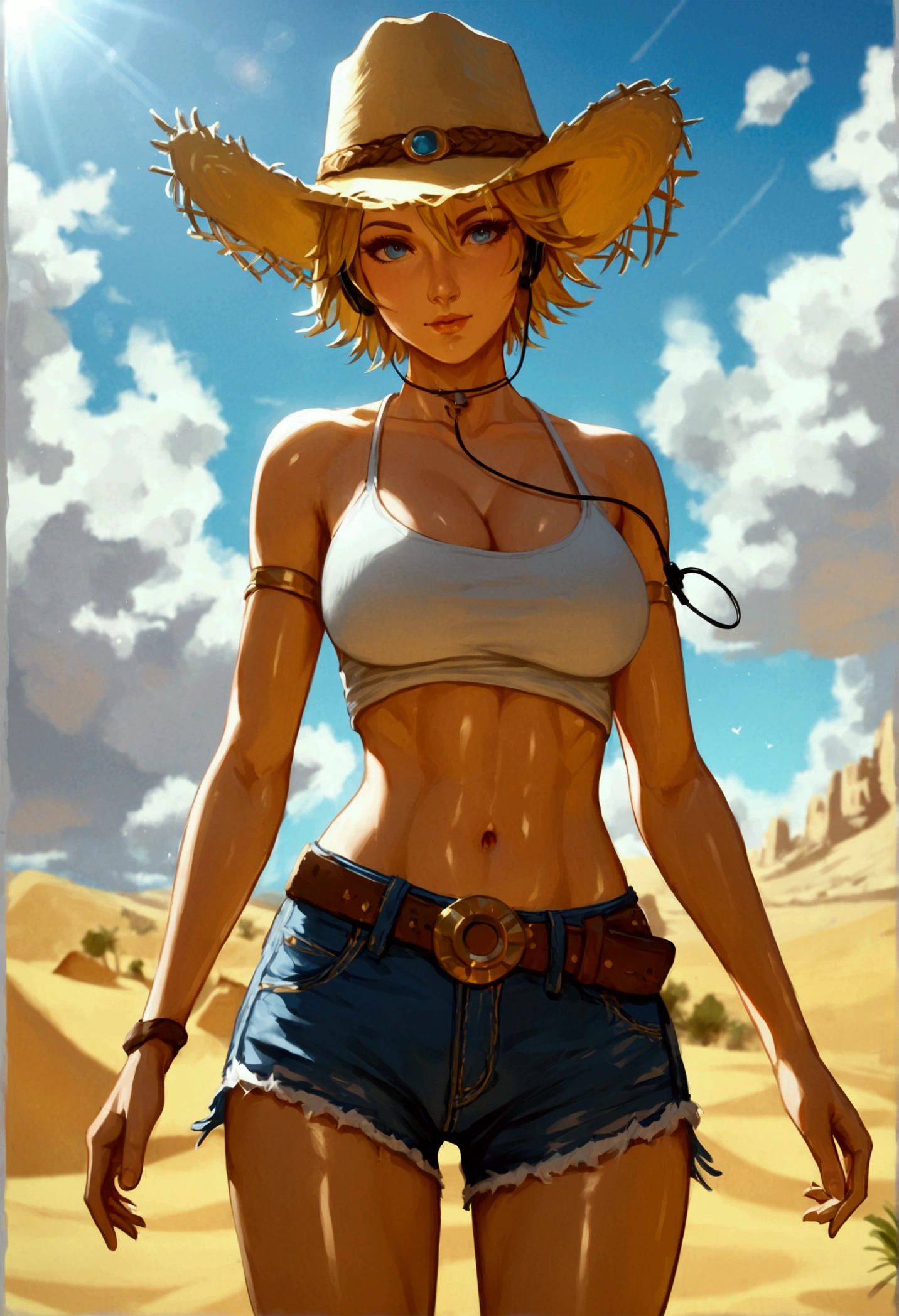 SCORE_9, SCORE_8_UP, SCORE_7_UP, SCORE_6_UP, SCORE_5_UP, SCORE_4_UP, tina armstrong, (2d anime art style), blonde hair, short hair, cowboy hat, casual outfit, croptop, midriff, jogging hotpants, earphone, cleavage, curvy, armpit, wide hip, huge breasts, navel, (mature female, milf), thick thigs, feminine run, 1girl, [ 4 k digital art ]!!, best anime 4k konachan wallpaper, wild west, sand dunes, desert, day, outdoor, absurdres, (ultra detail:1.2), (shiny Skin:1.1), (masterpiece:1.2), (best quality:1.2),
