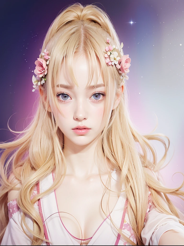 Beautiful young woman, golden haired, pink graceful eyes, soft smile. Pink flowers in her hair. She is wearing a luxurious pink golden gown. She has this aura syrrounding her. She is breathtaking.
Hyperréalisme, Résolution Haute, Précis, Modèle HD, Détails fins, Haute qualité, Résolution Haute, Hyperréalisme, Précis,, Réalisme, Réalisme, 