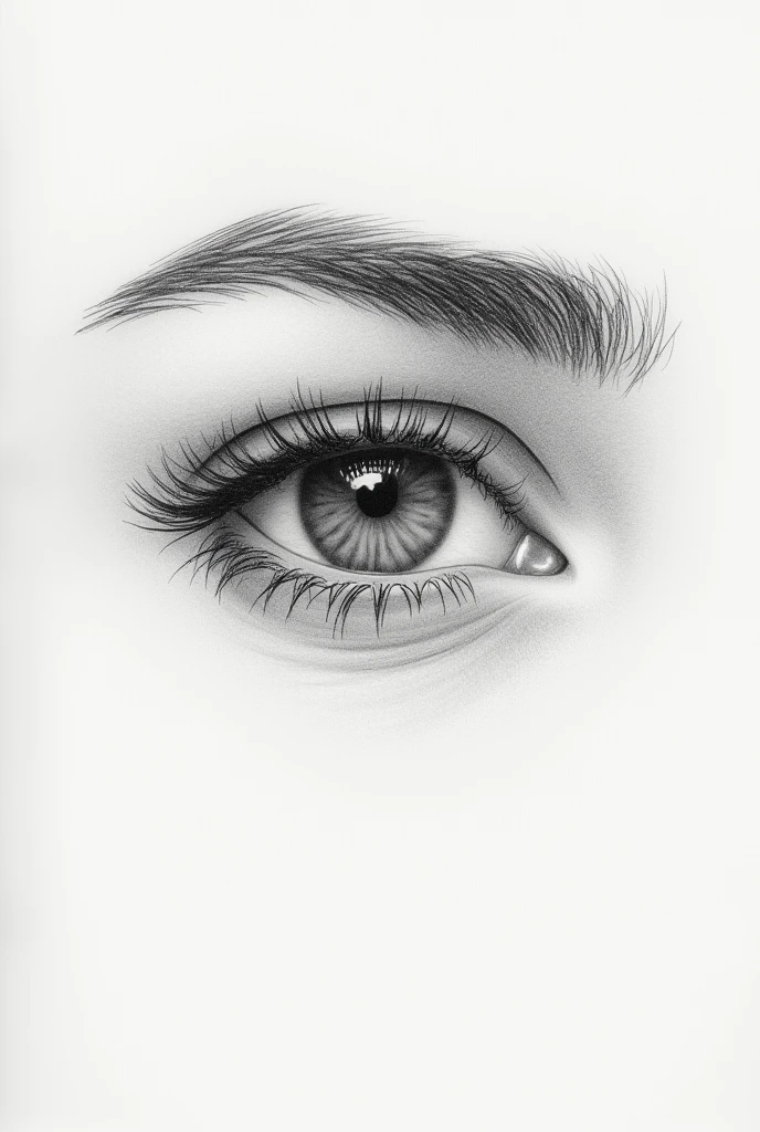 A pencil drawing of a really thin almond eye and round brows