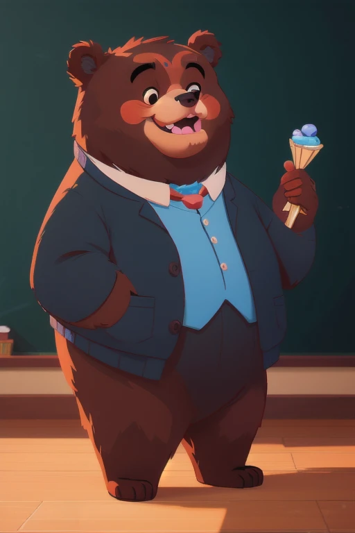 a bear teacher dressed as a teacher, 2d cartoon style, solo, whimsical, adorable, happy expression, masterpiece, 8k, ultra detailed, highly realistic, cinematic lighting, award winning digital art