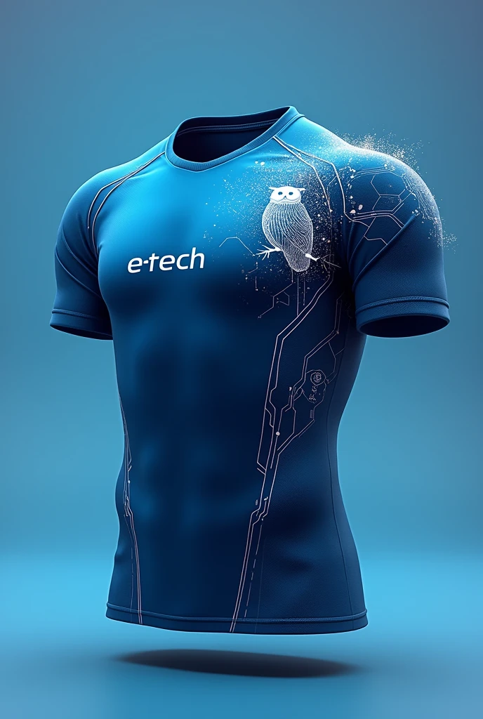 Create a sports shirt in gradient blue;  put the name E-TECH in white font on the left chest ; create a technological owl tattooed in white and place it on the side of the shirt with connection wires throughout the shirt