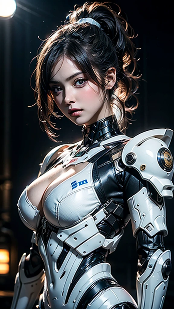 masterpiece, Highest quality, Ultra-realistic, Ultra-detailed, 8k resolution, RAW Photos, Sharp focus, (One person), alone, Gorgeous face, Perfect body, Mature Woman, Age 25,  Portraiture, Mecha, White Armor, Nanosuit, sexy, ponytail, Cinematic, Cinematic light, Large Breasts