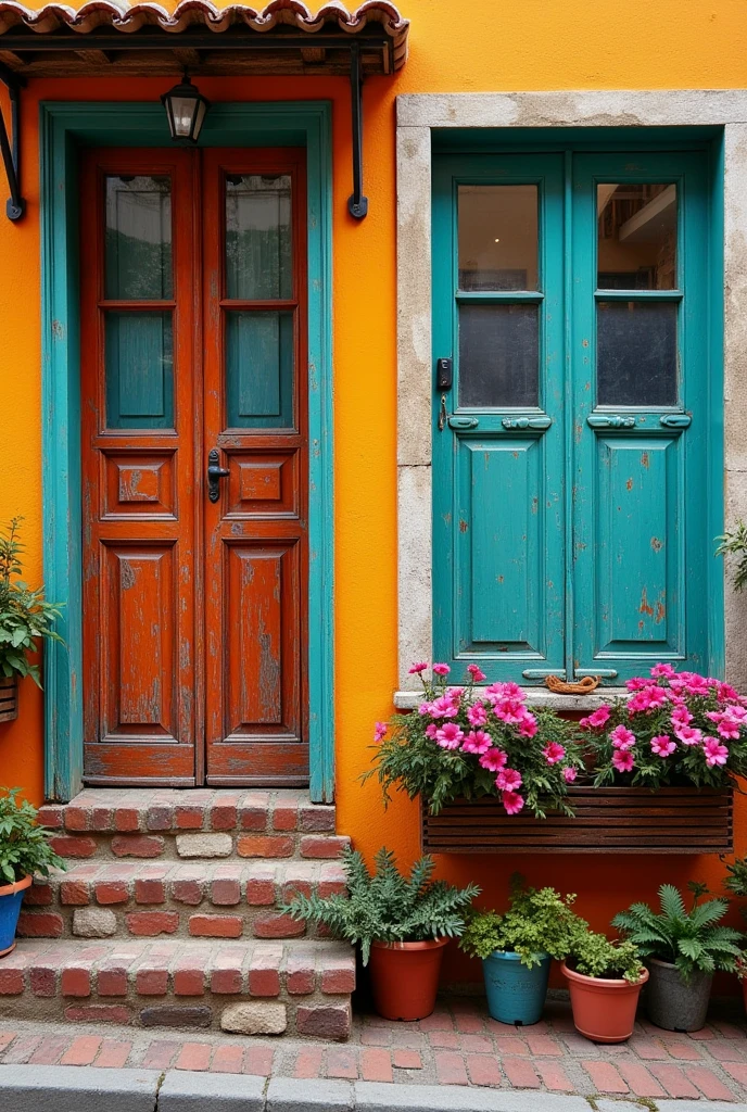 Front facing image of 4 single story multicoloured boho chic windows in a row with multicolour pots of flowers