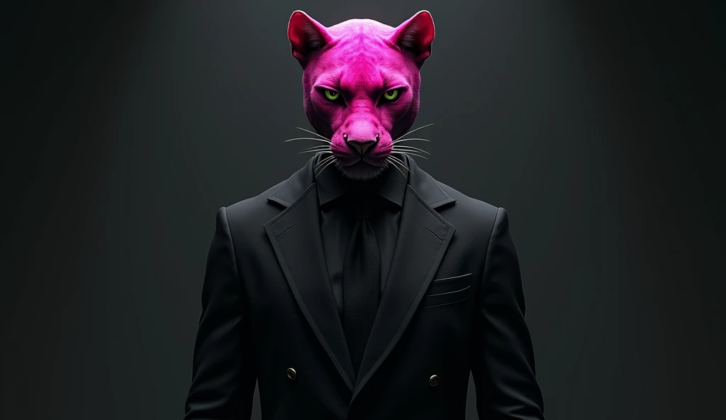 A male character wearing a panther pink face and a black suit