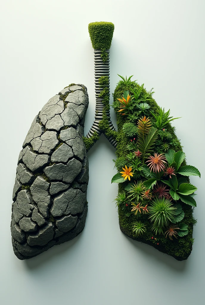 image of the outline of a lung where on one side it is deforested without life and on the other side it is full of plants and life