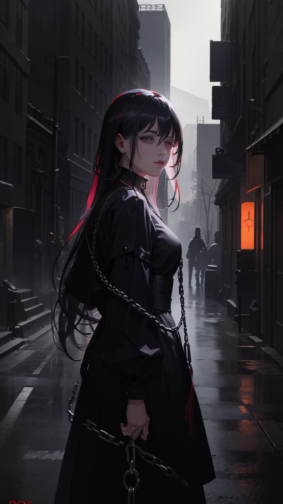 A girl with asymmetrical white and multicolored long hair, a psychotic grin, and dark purple eyes, in a side view looking directly at the viewer, wearing a black dress, with long chain shackles, against a backdrop of a destroyed grey wall and neon lights in the background, (best quality,4k,8k,highres,masterpiece:1.2),ultra-detailed,(realistic,photorealistic,photo-realistic:1.37),extremely detailed eyes and face,beautiful detailed lips,longeyelashes,dark,moody,cinematic lighting,dramatic,horror,cyberpunk