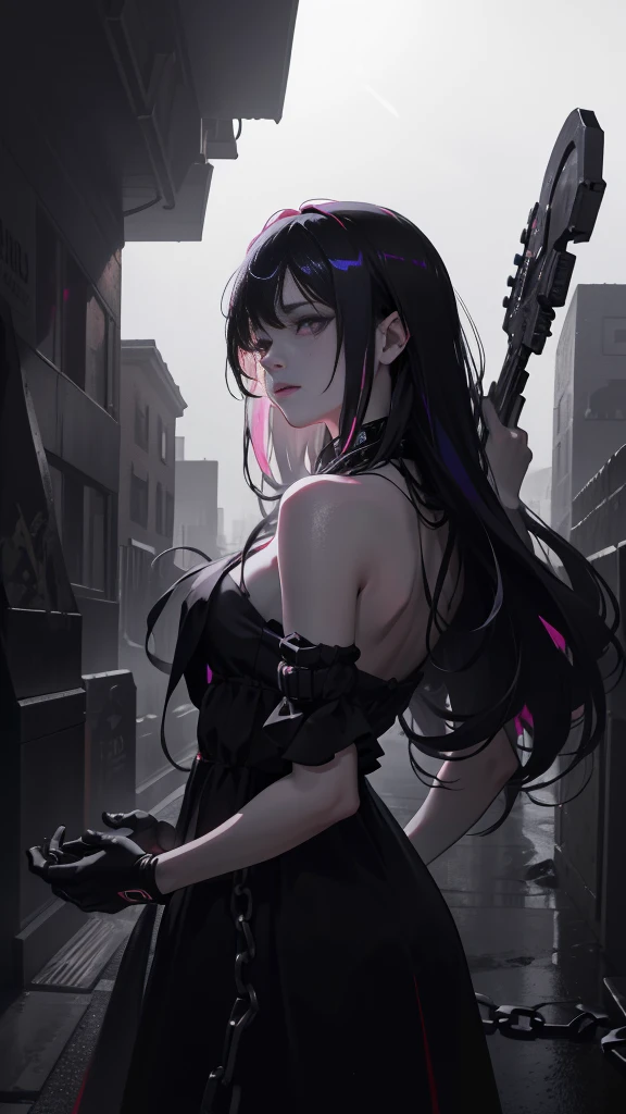 A girl with asymmetrical white and multicolored long hair, a psychotic grin, and dark purple eyes, in a side view looking directly at the viewer, wearing a black dress, with long chain shackles, against a backdrop of a destroyed grey wall and neon lights in the background, (best quality,4k,8k,highres,masterpiece:1.2),ultra-detailed,(realistic,photorealistic,photo-realistic:1.37),extremely detailed eyes and face,beautiful detailed lips,longeyelashes,dark,moody,cinematic lighting,dramatic,horror,cyberpunk