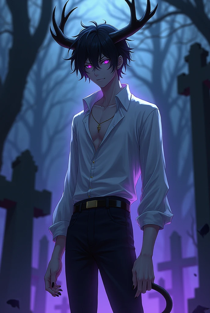 Anime serious man in his 25. He is skinny, tall, has black messy hair, glowy purple eyes, very pale skin. He also has black elk horns and a elk tail too. He is wearing a white victorian blouse with four buttons unmade, black pants. His nails are painted black.
He is standing in a gothic cemetery at midnight and he has a subtle purple aura surrounding him