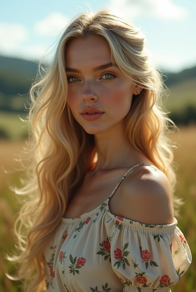 a woman with long hair, blonde, honey eyes, in England, dressed in England themed clothing 4K ultra realistic