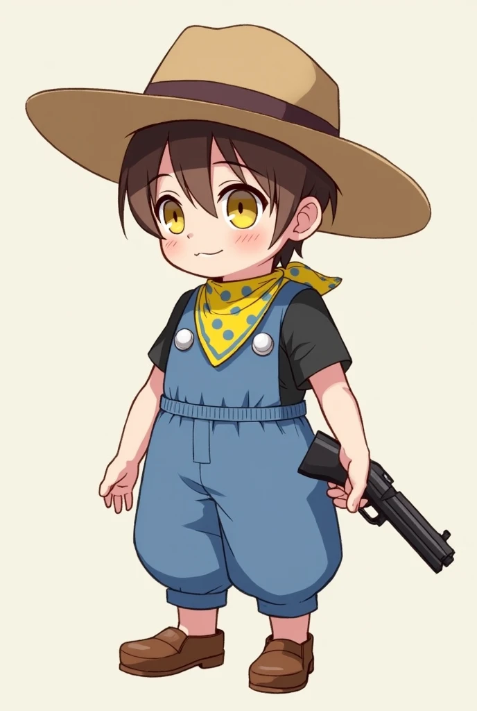 Clover is a human child of fair complexion and short brown hair. Official art portrays Clover with yellow irises.

Clover wears a maid costume, presumably denim, They wear a pair of brown shoes and a light brown cowboy hat with a dark brown hatband. Around their neck, Clover sports a yellow bandana with a blue dot pattern (though some official art depicts it as a checkered blue and yellow  bandana and handed a gun he is dressing maid costume