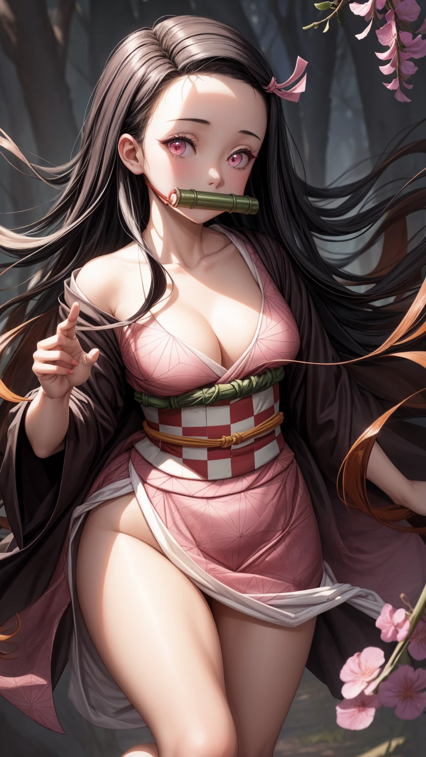 masterpiece, (pink kimono), seductive face, good lighting, décolleté, fine details, masterpiece, glowing eyes, 1girl, black hair, gag, bamboo, Nezuko Kamado, wisteria background, masterpiece, best quality, POV, whole body, wide hips,