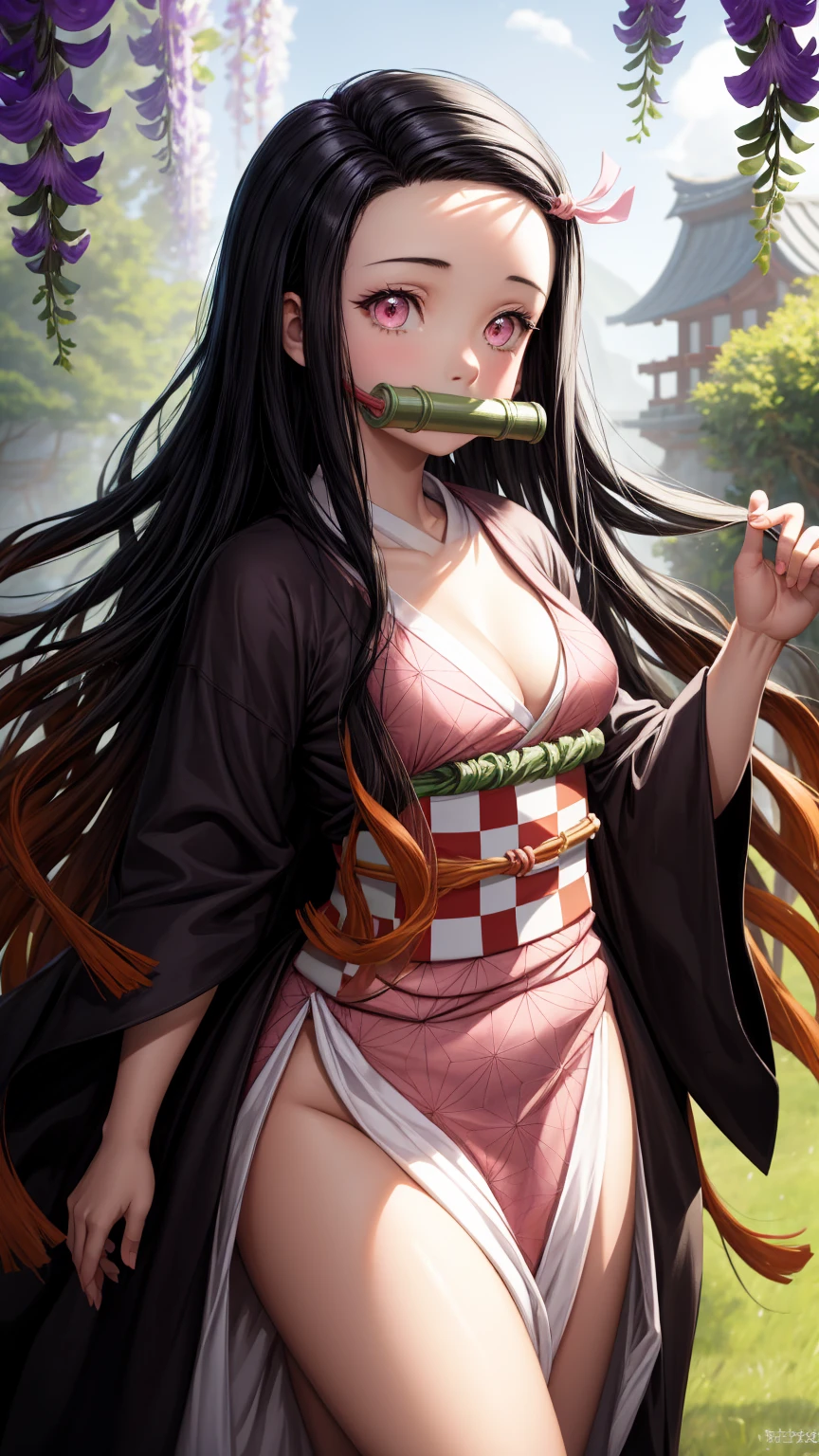 masterpiece, (pink kimono), seductive face, good lighting, décolleté, fine details, masterpiece, glowing eyes, 1girl, black hair, gag, bamboo, Nezuko Kamado, wisteria background, masterpiece, best quality, POV, whole body, wide hips,