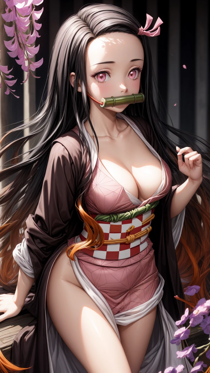 masterpiece, (pink kimono), seductive face, good lighting, décolleté, fine details, masterpiece, glowing eyes, 1girl, black hair, gag, bamboo, Nezuko Kamado, wisteria background, masterpiece, best quality, POV, whole body, wide hips,