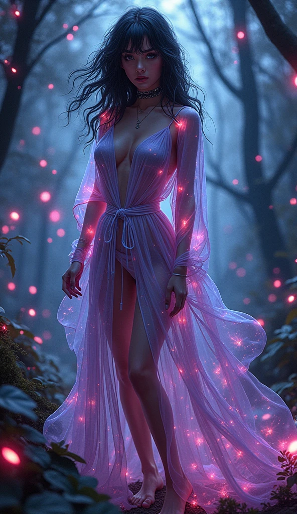 rich colors, high contrast, sexy full shot body photo of the most beautiful artwork in the world, illustration, cinematic light, fantasy, highres, highest quallity, ultra detailed, best quality, masterpiece, (detailed face), (slutty) woman wears a shirt and (torn) fullbody (transparent galaxy) cloths coat, floating cloth, see throug, choker, fantasy forest with glowing neon details,