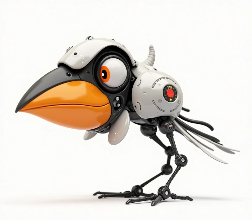 A 3D image with a robotic appearance of this crow with an orange tip and tired and hangover eyes, the image is like a science fiction movie.