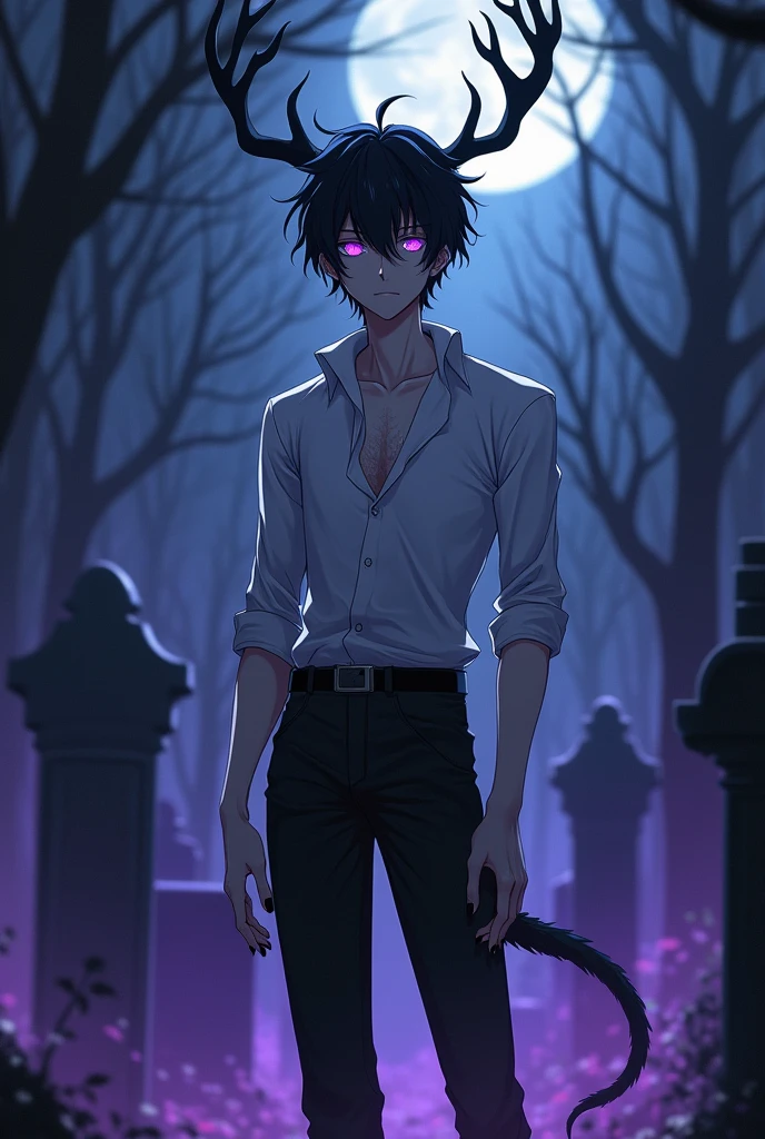Anime serious man in his 25. He is skinny, tall, has black messy hair, glowy purple eyes, very pale skin. He also has black elk horns and a elk tail too. He is wearing a white victorian blouse with four buttons unmade, black pants. His nails are painted black.
He is standing in a gothic cemetery at midnight and he has a subtle purple aura surrounding him