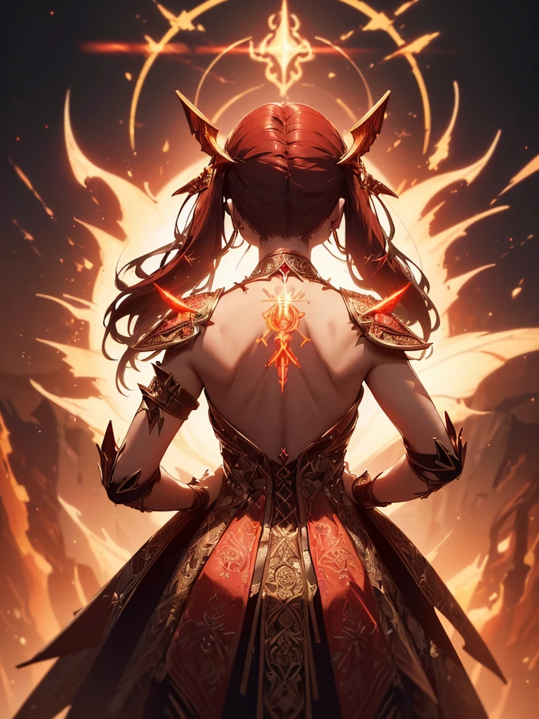 (((best quality, sharp image, clear image, cinematic lighting, 8k resolution, masterpiece, ultra detailed, intricate))) Girl, sorcerer, cute, intricate dress, smiling, fiery red, ((intricate background)), (rune frame), dimension, ((shot from behind)), fire sigils, chaotic background.