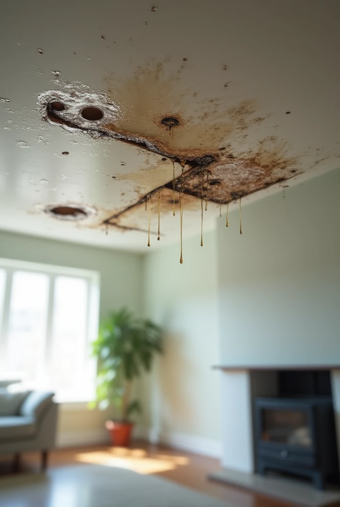 Create an Instagram post image showing water leaks inside a house. The image should depict visible water drips or stains on the ceiling or walls, with emphasis on the areas affected by the leaks. Include details such as water droplets or discolored patches to highlight the problem. The scene should be clear and convey the urgency of addressing leaks, making it visually impactful and relevant for social media. Consider adding a subtle overlay or text to suggest solutions or contact information for professional repair services