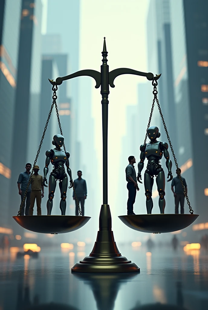 A balanced scale with robots on one side and human workers on the other, representing the impact of AI on the job market, including automation and new job opportunities.
