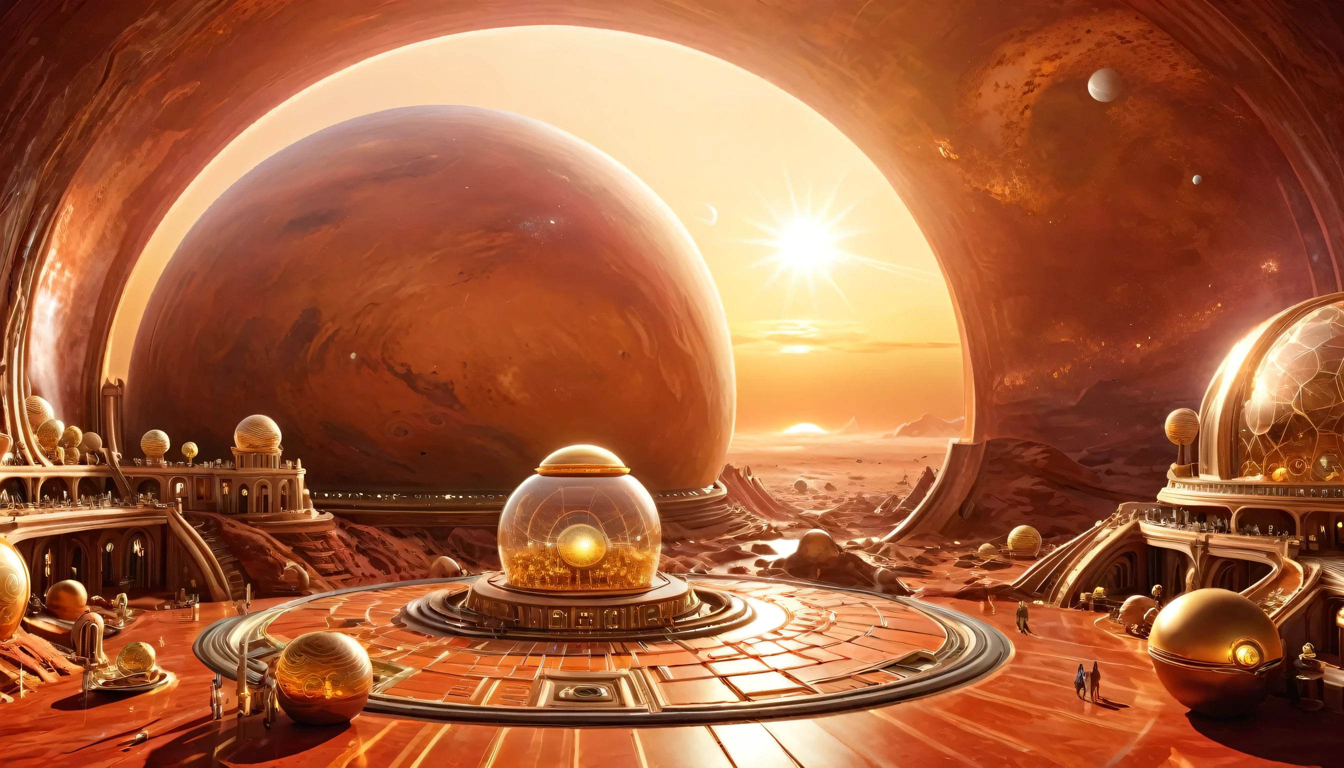 create an image of a big, huge space port on the surface of a red planet, where the space ships have landed, and the sun is far far away, there is no air on this planet, everything is built inside a big dome that shine in gold and glass.