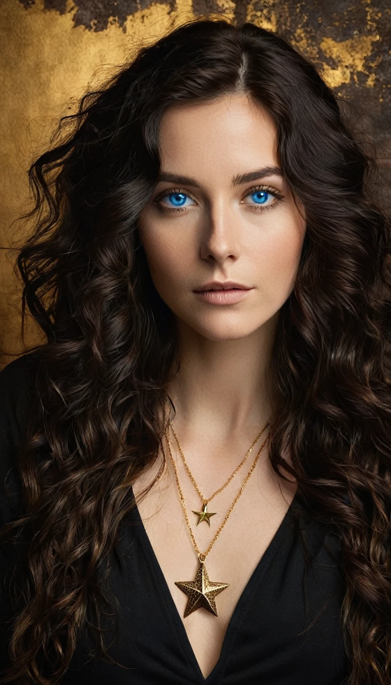 A photo of a woman with long, wavy dark hair. She has intense blue eyes and is wearing a deep V-neck black outfit. A gold necklace with a star pendant is visible around her neck. The background is a mix of gold and brown hues, giving it an antique or rustic feel. The woman's gaze is direct and captivating, and the overall mood of the image is both mysterious and alluring.