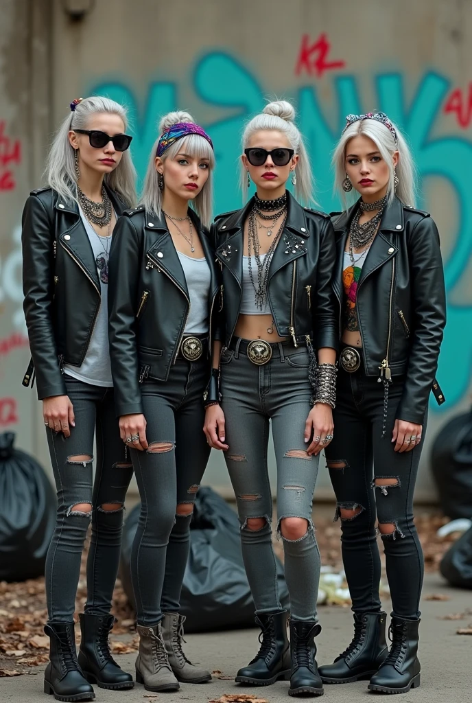Four russian milf women,  one in the foreground . All: sad faces. All grey hair (bouffant, top bun or ponytails), wearing oversized square sunglasses and wide  colourful bandana as headbands), with very light green eyes, extremely pale. Big lips. No tan. Wearing aged black moto jackets (zippers on the side).  Different old light grey  or black t-shirts with skull and boles or rock band logos.  All: dark grey or dark blue skinny low rise jeans with holes on knees ( patched with colourful fabric). Some black leather studded biker boots, some white tennis sneakers, some black Chelsea boots with heels . Lots of thick wide studded bracelets, chain collars and big rings. Tacky wide studded leather belts with big skull and bones oval buckle. Long earrings with chains and feathers. Stretching their necks, craving., Neck, chest, stomach and wrists tattoed. Toned abdominals, thin neck, slim legs and thin arms. Narrow hips and slim legs.  Black leather studded tote bags. Graffitied wall behind, waste on the groun and piled garbage bags around.