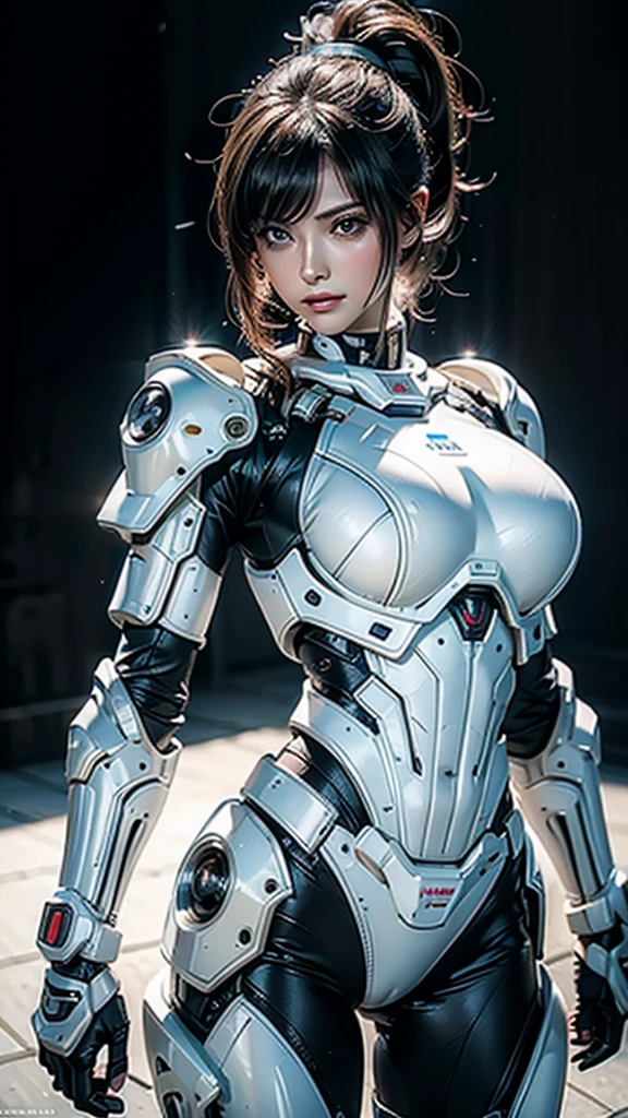 masterpiece, Highest quality, Ultra-realistic, Ultra-detailed, 8k resolution, RAW Photos, Sharp focus, (One person), alone, Gorgeous face, Perfect body, Mature Woman, Age 25, Portraiture, Mecha, White Armor, Nanosuit, sexy, ponytail, Cinematic, Cinematic light, Large Breasts