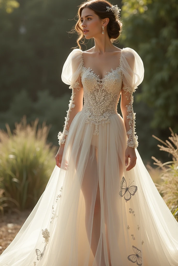 A wedding dress:
Fabric: Silk that enhances your body without being tight, transitioning into netting below the waist.
Fit: The dress shows off your curves while remaining comfortable and not overly tight.
Sleeves: Puff sleeves that are off the shoulders, draping down to the biceps with a trail of netting adorned with pearls hanging from both sleeves.
Neckline: Adorned with pearls, seamlessly integrating into the netting.
Skirt: The silk transitions into netting below the waist, embellished with delicate embroidery of butterflies and pearls.
cover the upper body and don't make the skirt see-through, keep the rest of the dress same and keep the sleeves
make a longer picture show the entire dress
make the neckline less revealing and add embroided butterflies on the skirt
