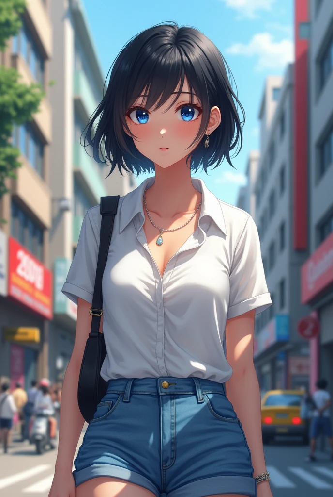 1girl, short black hair, blue eyes, wearing plain white shirt, denim shorts, city, absurdres, high res, ultrasharp, 8K, masterpiece, looking at viewer