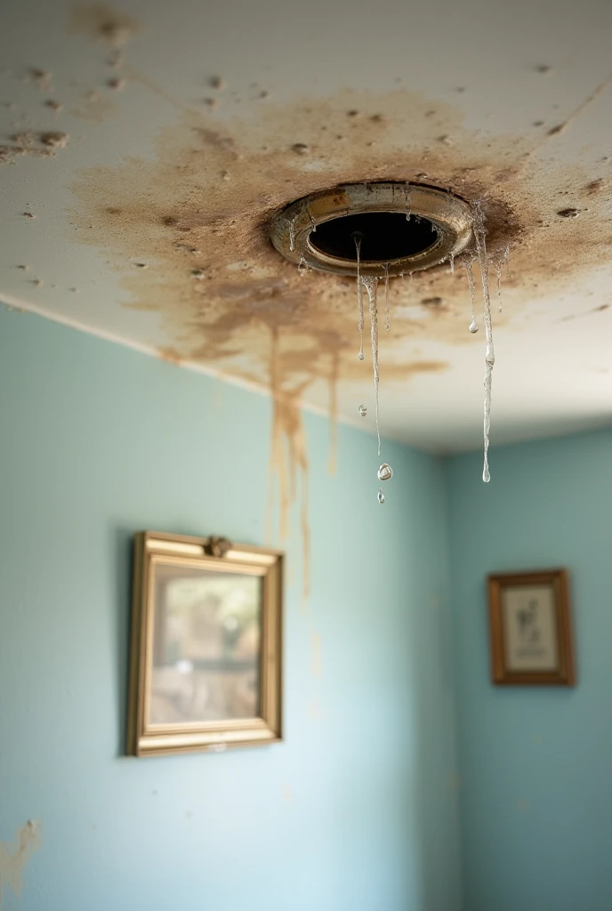 Create an Instagram post image showing water leaks inside a house. The image should depict visible water drips or stains on the ceiling or walls, with emphasis on the areas affected by the leaks. Include details such as water droplets or discolored patches to highlight the problem. The scene should be clear and convey the urgency of addressing leaks, making it visually impactful and relevant for social media. Consider adding a subtle overlay or text to suggest solutions or contact information for professional repair services