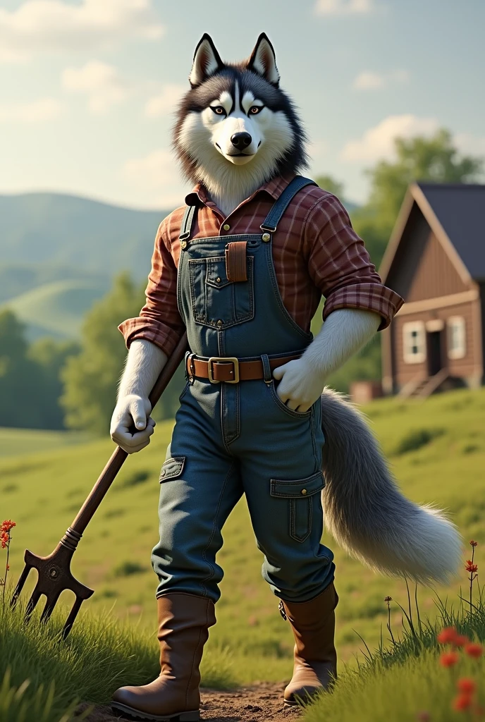 a humanoid husky, farmer