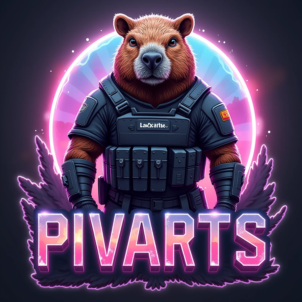 A (holographic sticker) featuring a capybara beast in
CS:GO costumes, inspired by Brock Hofer's style. with a Text: 'PivArts', more detail, enhanced, poakl.