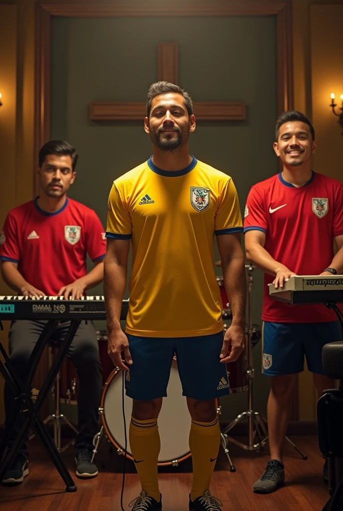 Create an image of a Catholic band with four members, each representing a different Brazilian soccer team. The lead vocalist, wearing a Vasco da Gama jersey, stands at the front with a confident expression. To his right, the keyboardist proudly wears a Flamengo jersey, playing with passion. On the left, the drummer, wearing a Botafogo jersey, is intensely focused on the rhythm. Finally, the violinist, wearing a Fluminense jersey, is positioned to the side, playing gracefully. The setting is a warm, intimate environment with subtle religious symbols, such as a cross or a rosary, to highlight the band's Catholic identity.
