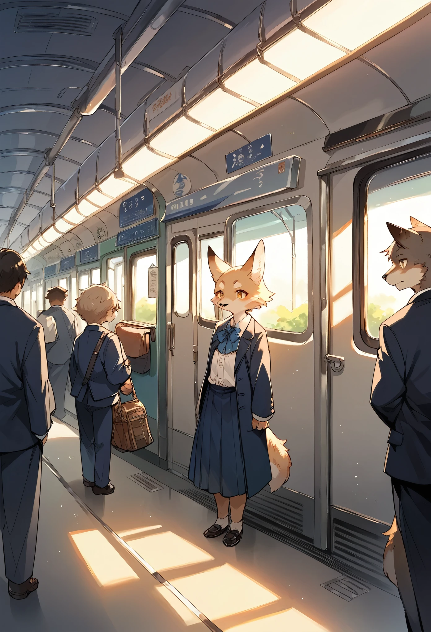 rating_safe, score_9, score_8_up, score_7_up, score_6_up, score_5_up, score_4_up, hires, source_furry(kemono, boy, girl)station, train, salary, suits, evening, perfect anatomy, good lighting,