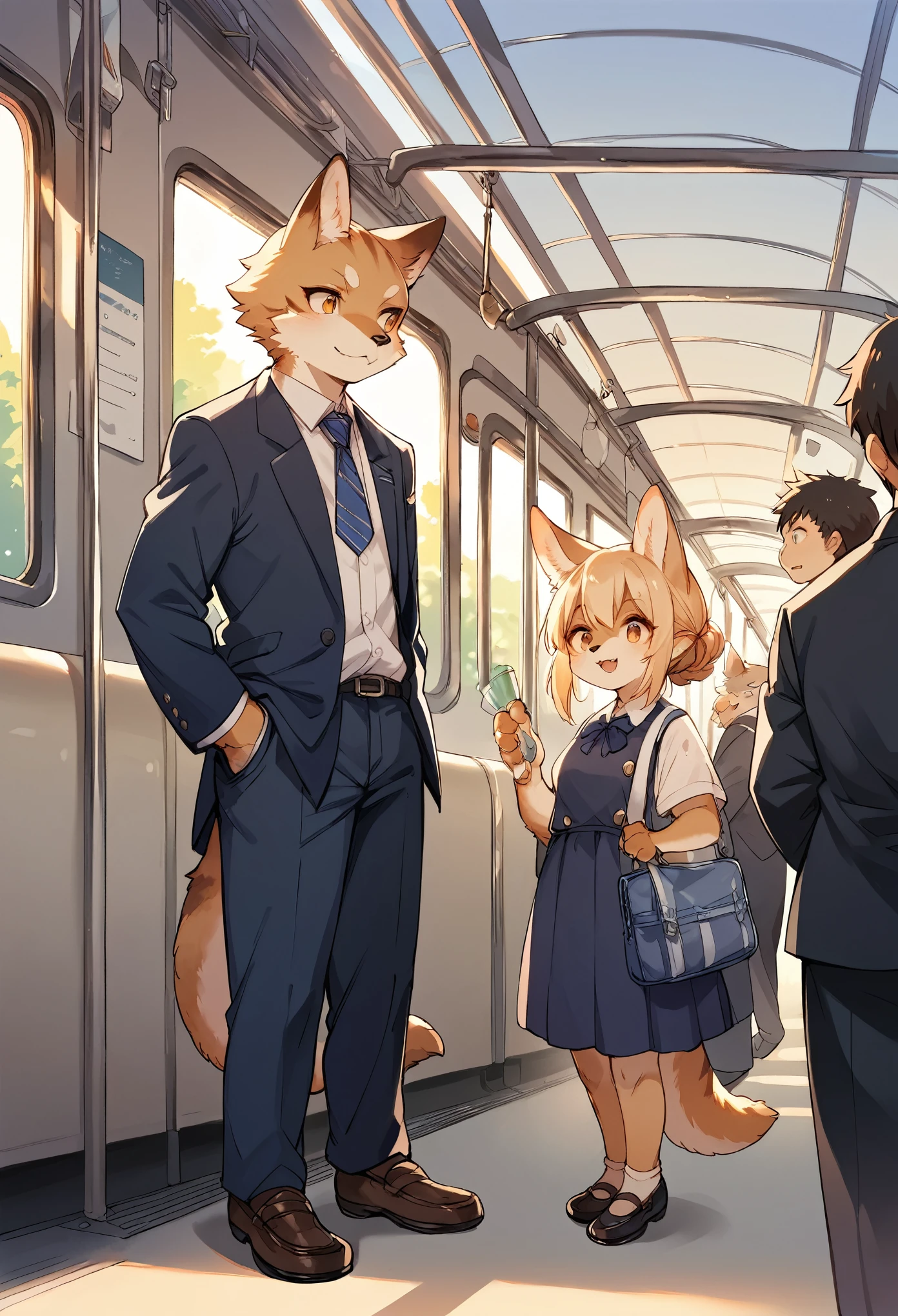 rating_safe, score_9, score_8_up, score_7_up, score_6_up, score_5_up, score_4_up, hires, source_furry(kemono, boy, girl)station, train, salary, suits, evening, perfect anatomy, good lighting,