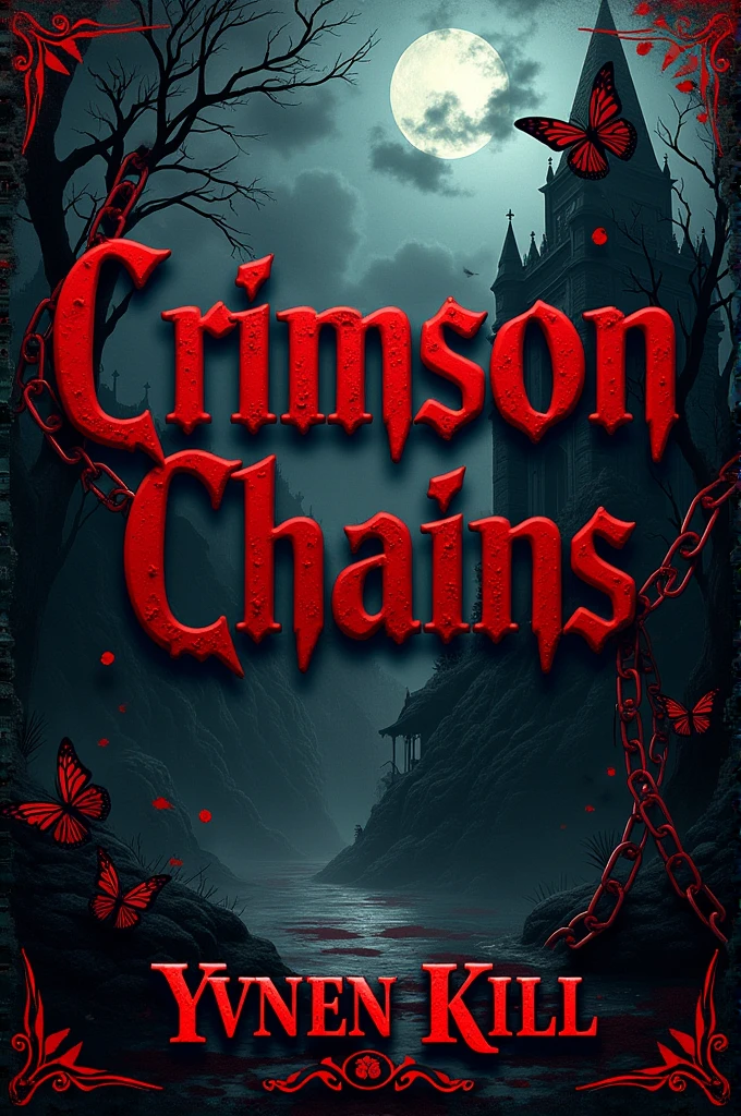 Book Cover Title: Crimson Chains
 Saga: Crimson Saga Author: Yvnen Kill The cover is supposed to capture a dark, gothic atmosphere inspired by Tim Burton&#39;s style, with a touch of macabre fantasy.
Environment and Atmosphere:
The cover should have a gothic and surrealist look, with a dark background that evokes a sense of mystery and melancholy. The design may include stylized elements such as distorted buildings or a cloudy sky to reflect Tim Burton&#39;s influence..
texto: Layout Example:
Cover Center: The title Crimson Chains in relief, large and centralized.
Around the title: Chains and blood stains mixed with shadows and dark butterflies.
Bottom: Author name Yvnen Kill, with the name of the Crimson Saga saga in a smaller size and positioned discreetly