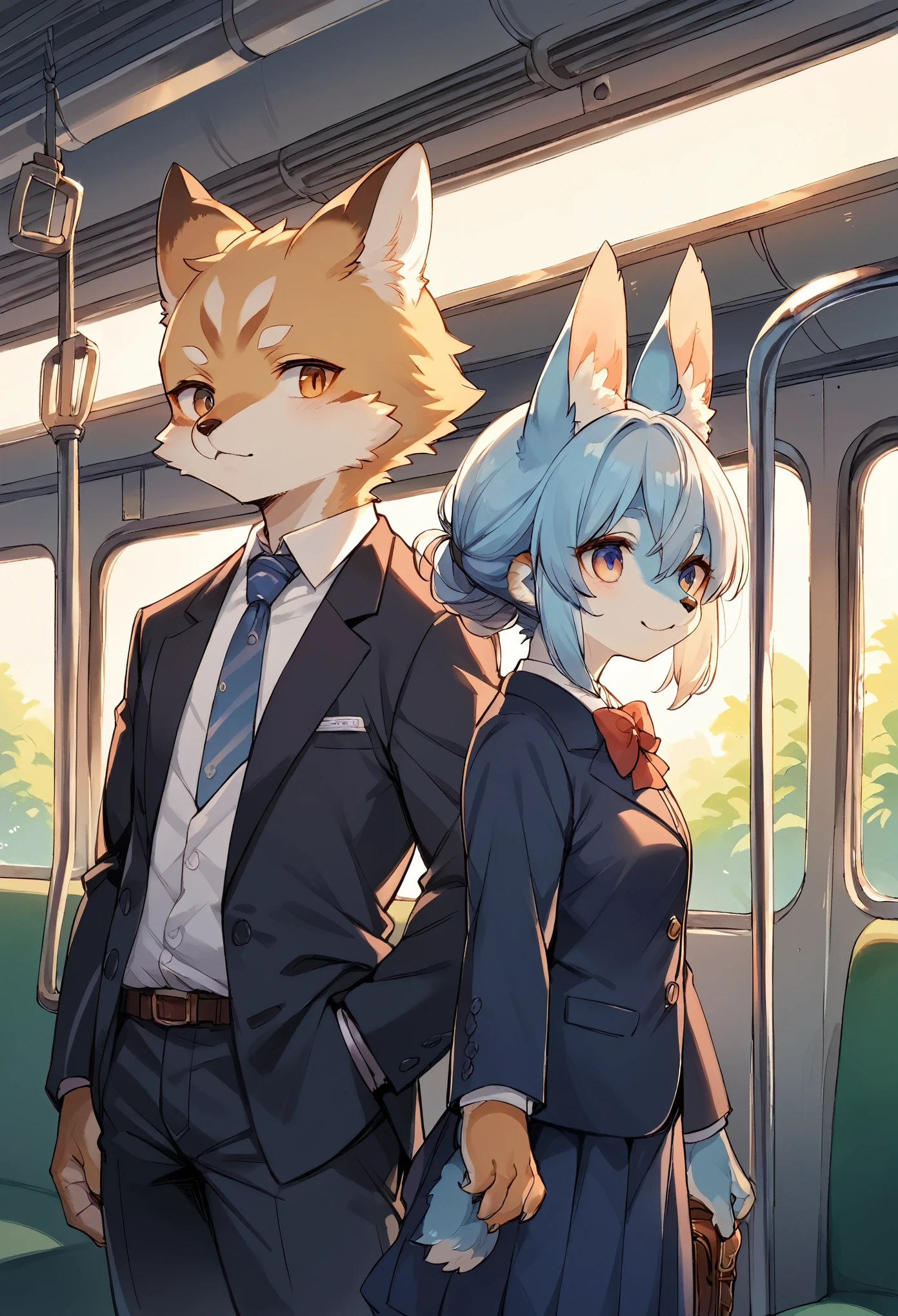 rating_safe, score_9, score_8_up, score_7_up, score_6_up, score_5_up, score_4_up, hires, source_furry(kemono, boy, girl)station, train, salary, suits, evening, perfect anatomy, good lighting,