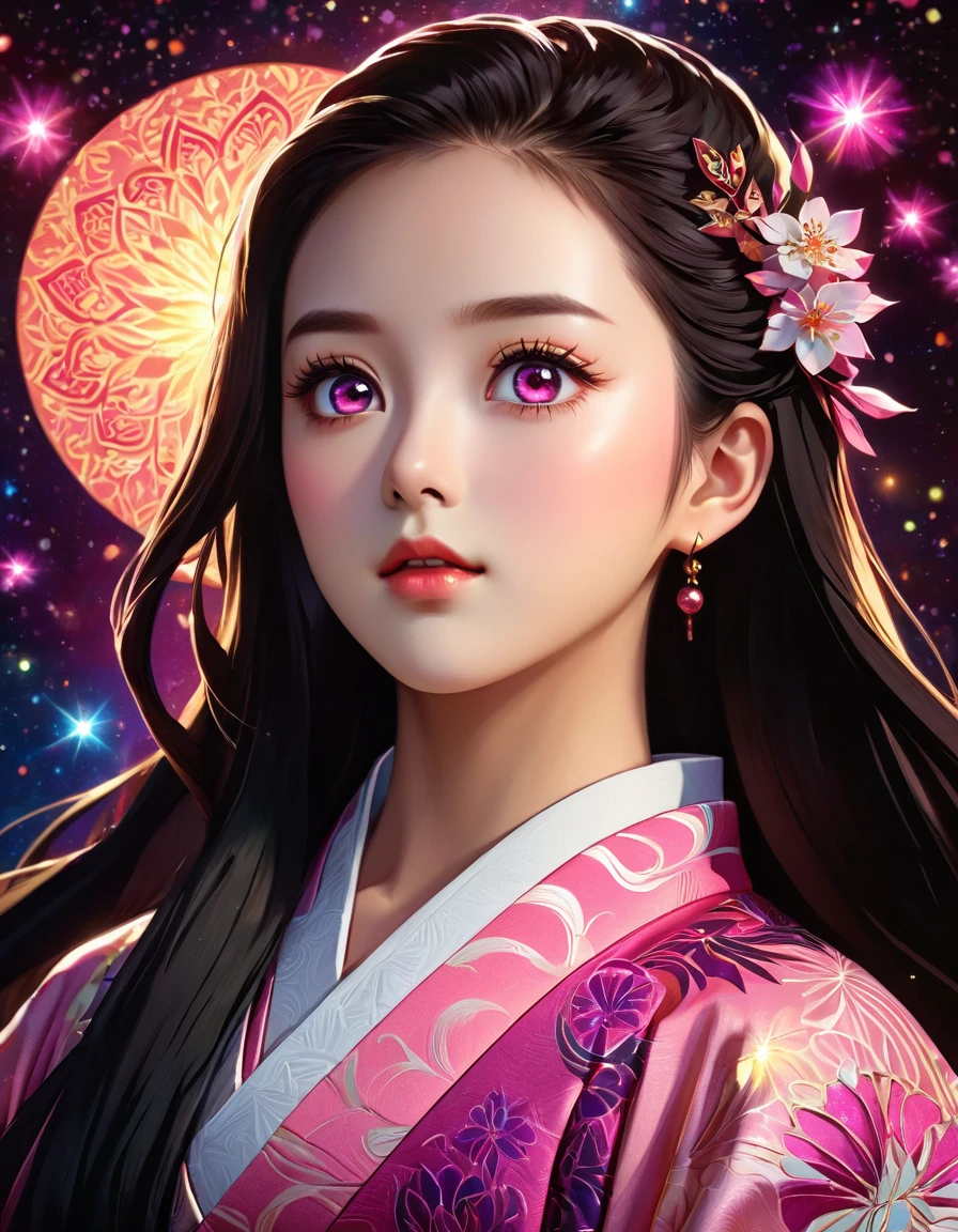 (masterpiece, best quality:1.2), Embossed paper, Solitary，Black LightNezuko from demon slayer. a young woman with long dark hair, (pink eyes), beautiful detailed eyes, beautiful detailed lips, extremely detailed face, longeyelashes, wearing a pink kimono, (best quality,4k,8k,highres,masterpiece:1.2),ultra-detailed,(realistic,photorealistic,photo-realistic:1.37),digital painting,exquisite detail,intricate details,highly detailed,vivid colors,warm lighting,cinematic lighting,dramatic lighting, iridescence, dramatic angle, space, (floating colorful sparkles:1.3), Dramatic Lighting, Chiaroscuro, Evocative Depth, Face Portrait, Close up, ulzzang, (looking at viewer), 
